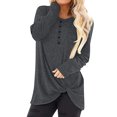 thumbnail image 1 of Women Solid Color Button Up Crew Neck Long Sleeve Twist Knot Pullover Top, 1 of 6