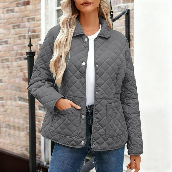 WMTBSRSW Women's Casual Quilted Coats with Pockets Lightweight Lapel Button Down Padded Jackets Fall Winter Short Outwear Gray X-Large