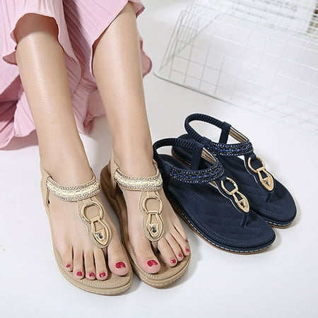 

Riguas Summer Women Sandals Clip Toe Flat Heel Shoes T-shape Metal Rhinestone Flip Flops Sandals for Daily Life