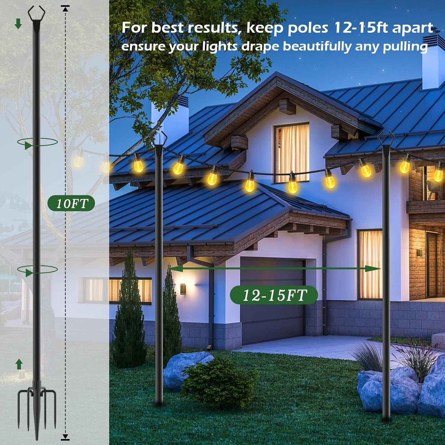 2 Pack 10Ft String Light Poles for Patio, Deck, Backyard and Outdoor, Heavy-Duty Metal Poles with Fork Brackets, Weather-Resistant & Adjustable Height, Easy Installation, Black