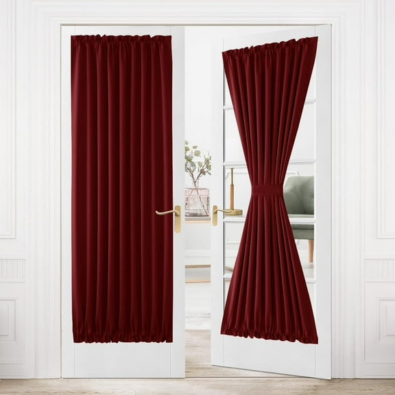 FFHAAD-French Door Curtains Rod Pocket Thermal Blackout Curtain for Doors with Glass Window, Kitchen and Patio Doors for Privacy, 36 X 80 Inches Long, 1 Curtain Panel with Tieback, Burgundy