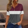 thumbnail image 4 of Women's Color Block T-shirts Buttons V Neck Short Sleeve Striped Summer Tops July 4th Festive Tshirts (XL, Wine), 4 of 5