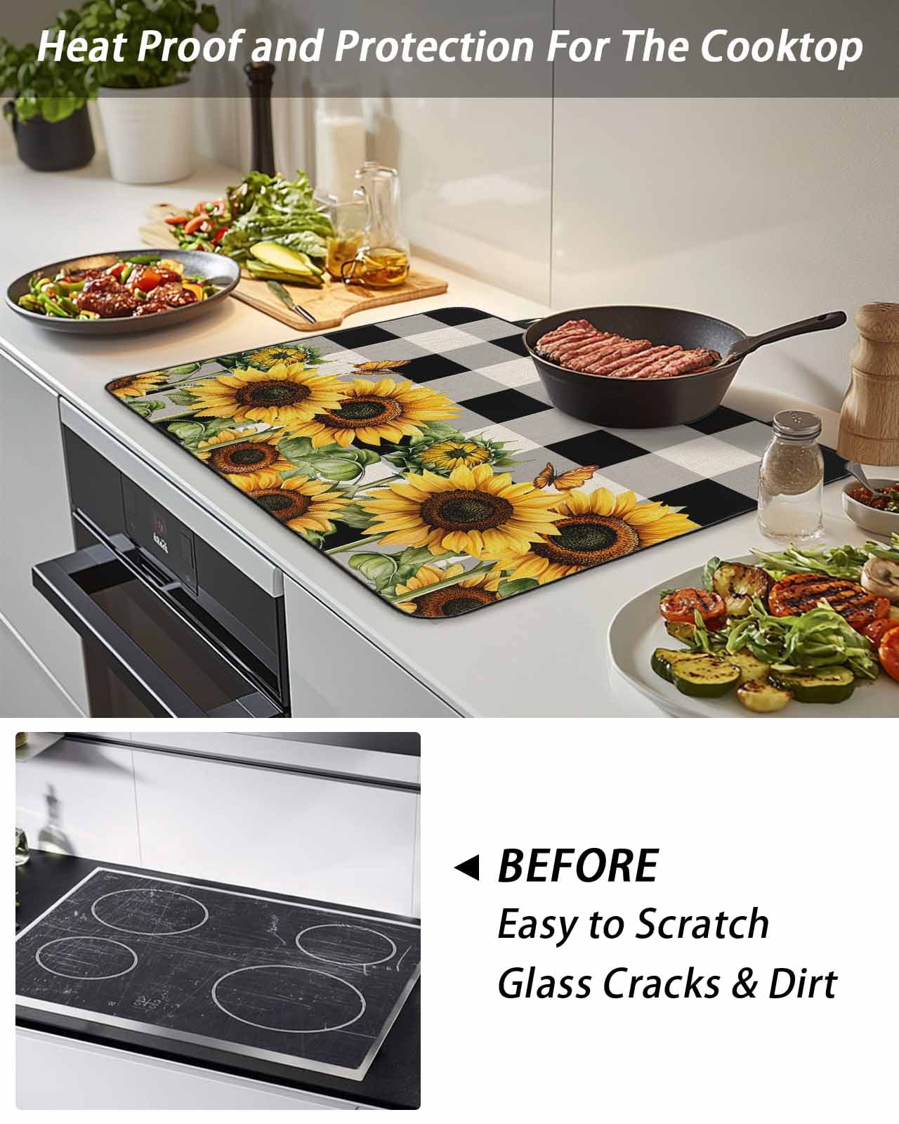 Stove Top Covers for Electric Stove, Sunflower Checkered Glass Stovetop Cover Protector, Black Buffalo Plaid Pastoral Flowers Induction Cooktop Protector Oven Mat for Kitchen Countertop 24"x21"