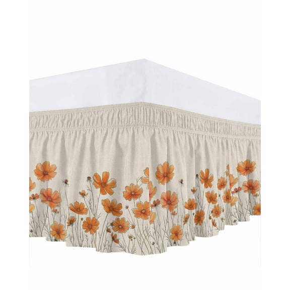 Orange Floral Bed Skirt King Size 18" Drop Minimalism Watercolor Chrysanthemum Linen Ruffled Wrap Around Bed Skirts Adjustable Elastic Bedskirt Dust Ruffle for King Size Bed