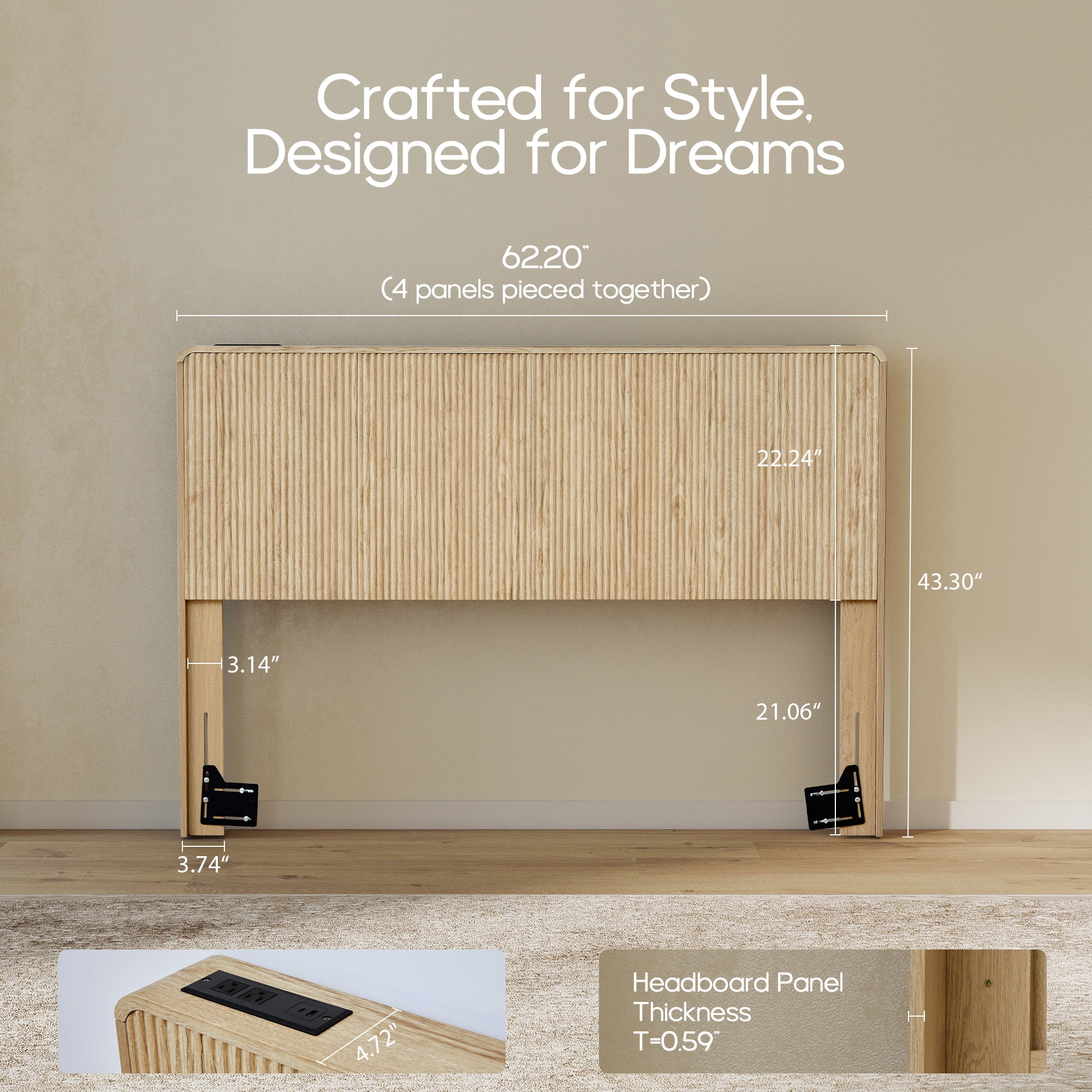 YOCWO Headboard for Queen Size Bed with Charging Station, Fluted Grooved Panel Head Board with Rounded Corners, Oak, Headboard Only(Bed Frame Not Included)