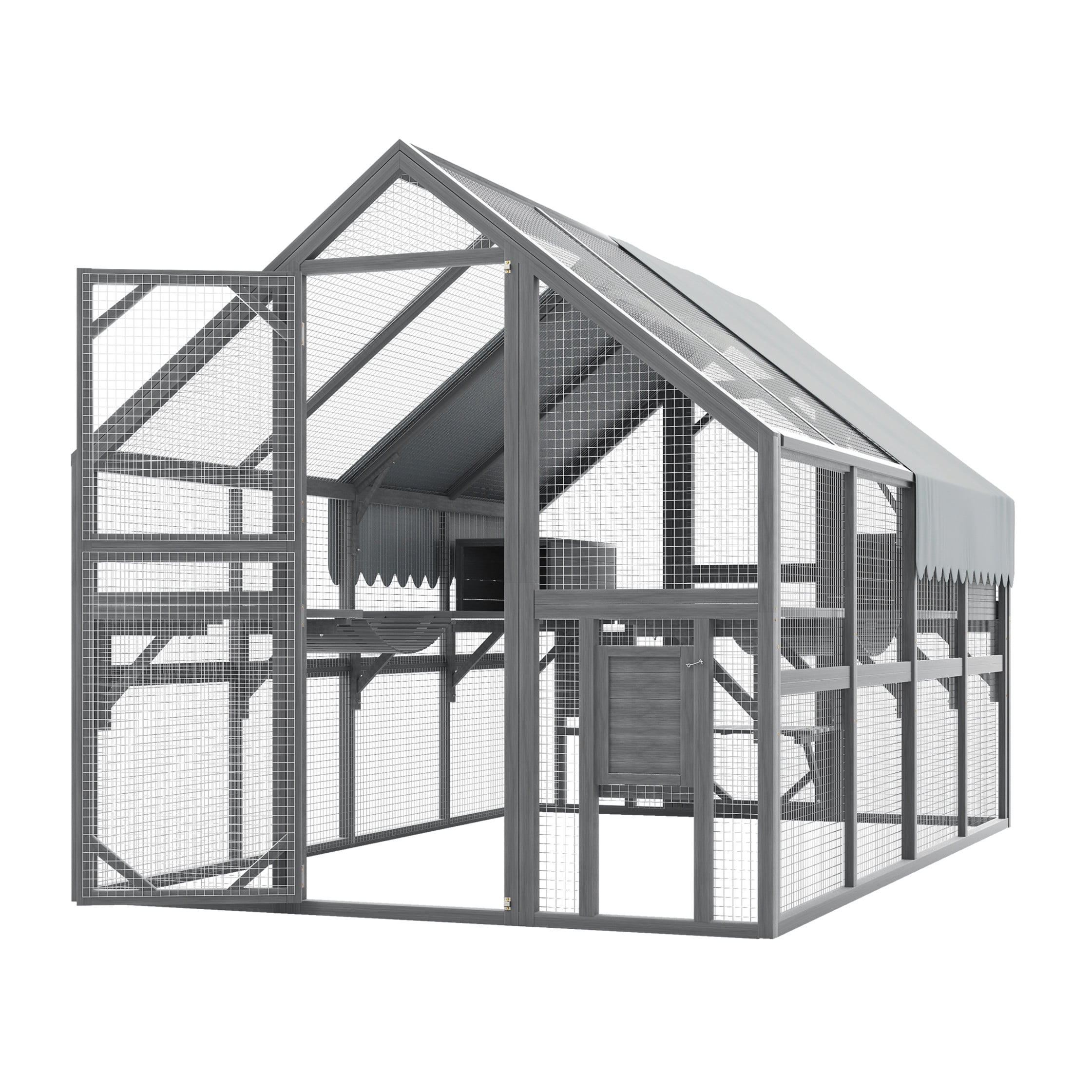 Noble House Outdoor Cat Enclosure, Wood Catio with 7 Platforms, 2 Bridges, and 2 Resting Boxes, Waterproof Canopy, Gray
