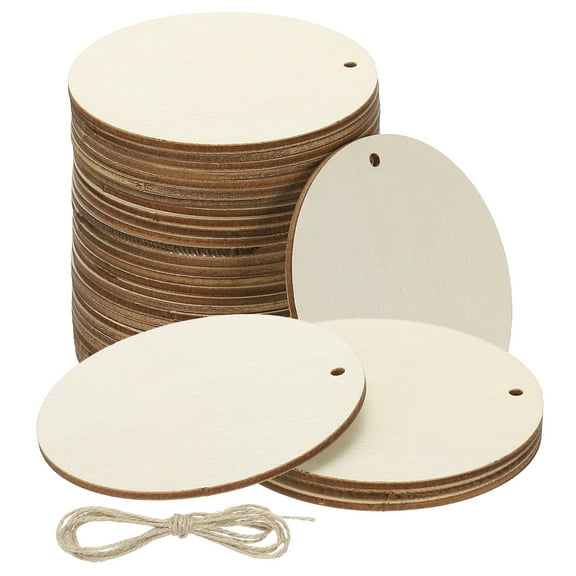 Uxcell Wood Circles for Crafts, 3 inch Pre-drilled Unfinished Wood with Rope, 30 Pcs