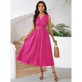 thumbnail image 6 of Hot Pink Sleeveless V-Neck Midi Dress With Pleated Skirt And Woven Texture For Women, 6 of 6