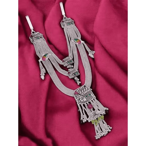 Antique Silver-Plated Kamarbandh with Green and Pink Stone Detailing