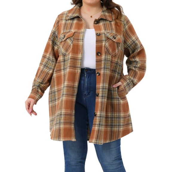 DARING DIVA Plus Size Plaid Shacket Long Sleeve Flannel Fashion Jacket 1X Orange