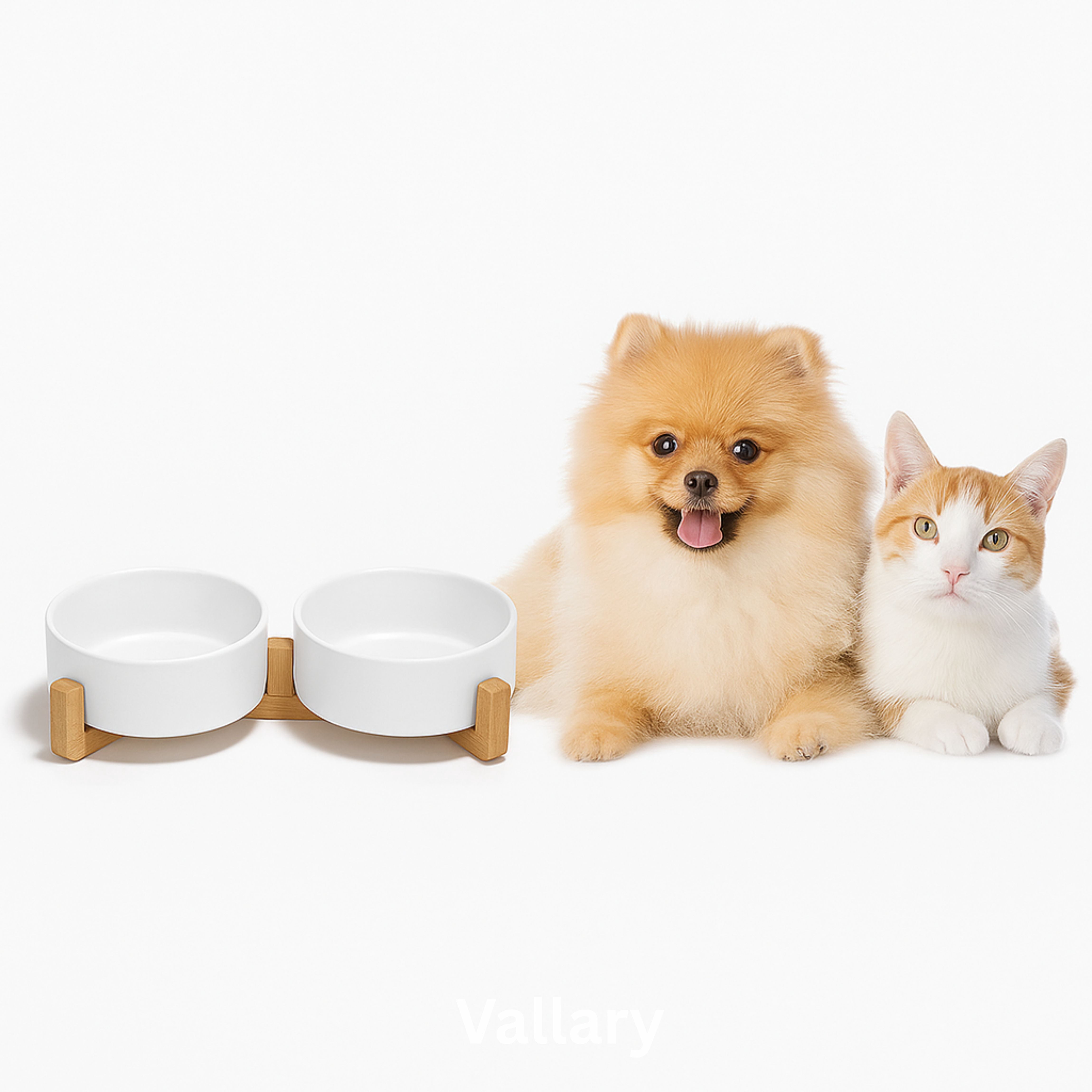 Ceramic Dog and Cat Bowl with Wood Stand Non-Slip Matte Glaze Weighted Food Water Set for Cats &Small Dogs 400 ml - VALLARY