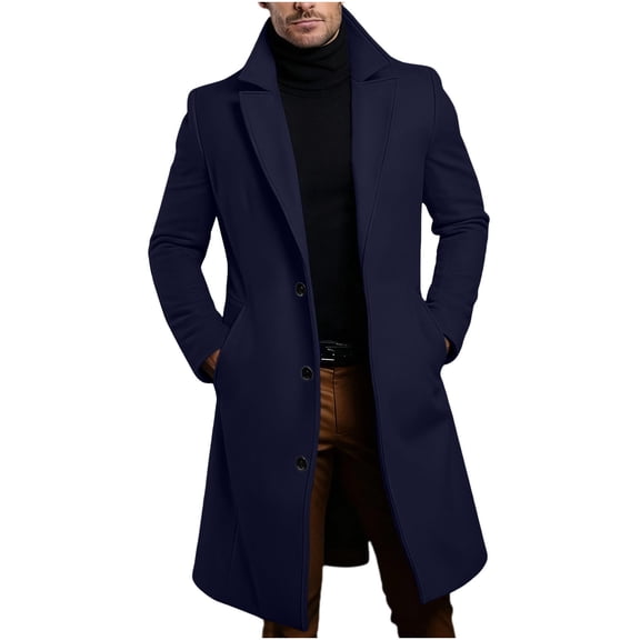 IROINNID Mens Mid Length Wool Blend Overcoat Notch Lapel Button Front Winter Coat Solid Color Casual Outerwear with Side Pockets for Business Commute Daily Wear