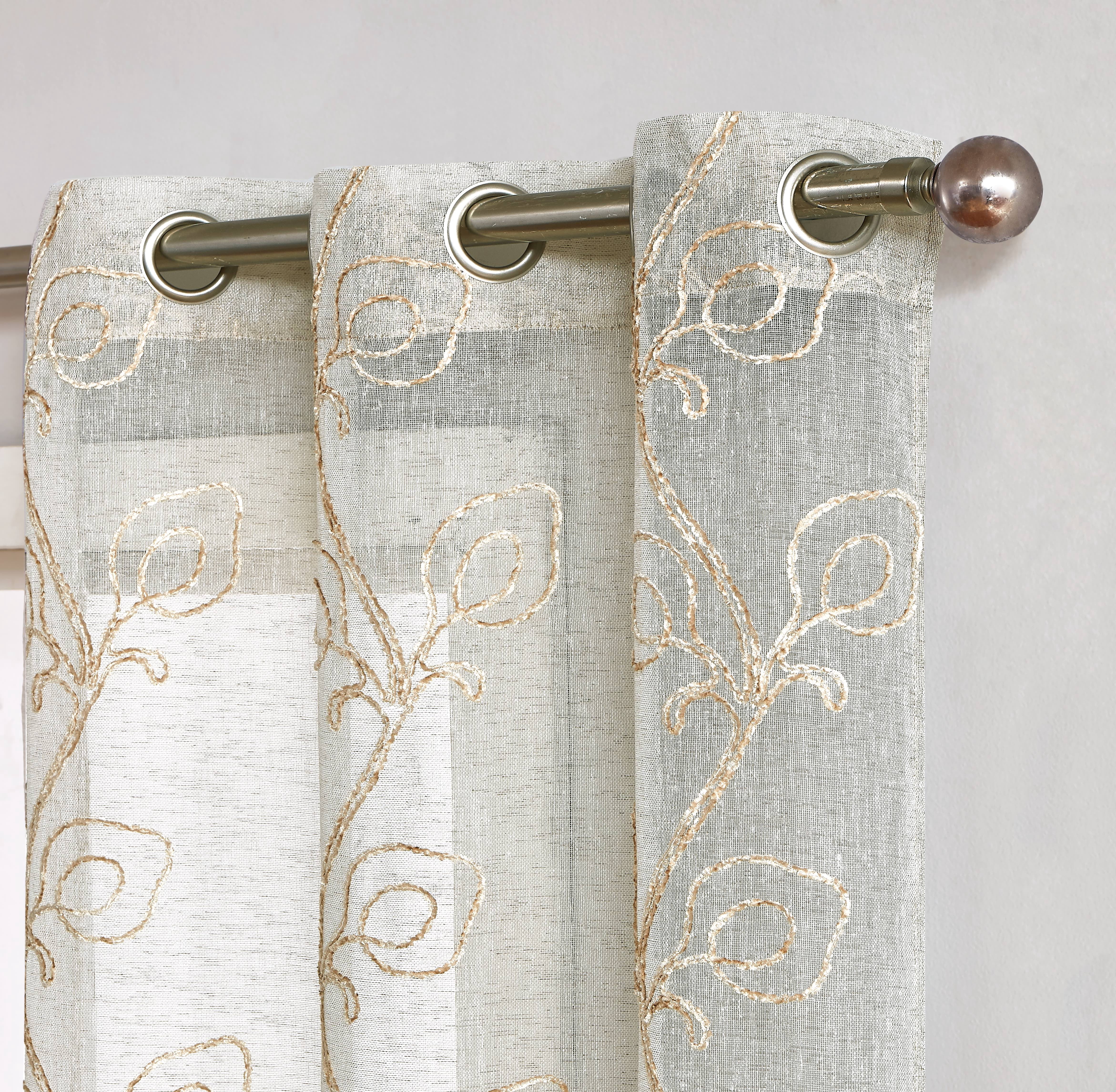 Dainty Home Stella 3D Floral Chenille Embroidered Solid Sheer 76" x 96" Window Curtain Panel Pair in Linen