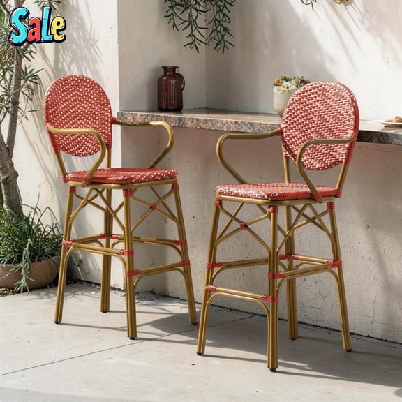 GZXS Set of 2 French Bistro Barstools with Arms, Outdoor PE Rattan Patio Chairs with Aluminum Frame, 29.25" Bar Height Wicker Stools for Patio or Balcony (Red)