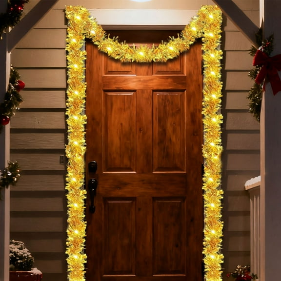 XJGHHSY 16 Feet Christmas Tinsel Garlands with Led Light,Metallic Twist Garland Hanging Garland ornaments for Christmas Tree Party Supplies Front Door Decoration,Yellow