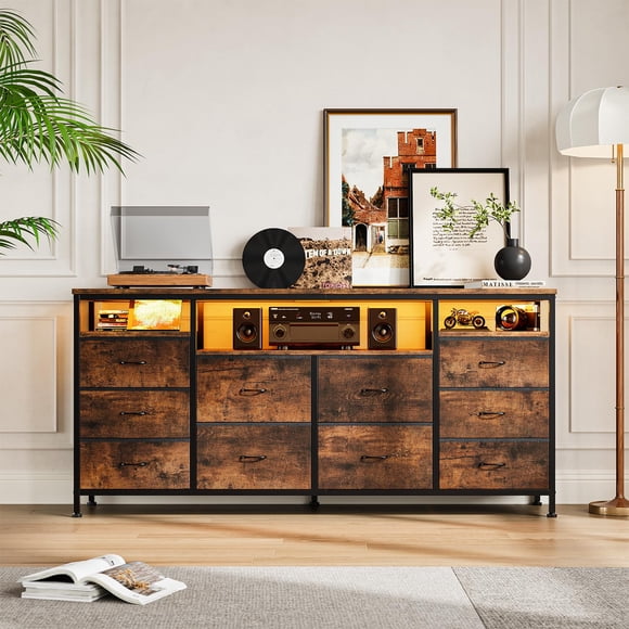 Kojooin Meuble TV de 63 Pouces de Long avec 10 Tiroirs en Tissu, Prise de Courant Sécurisée et Lumières LED, Unité de Rangement Robuste pour TV de 75 Pouces, Commode Moderne pour Chambre, Salon