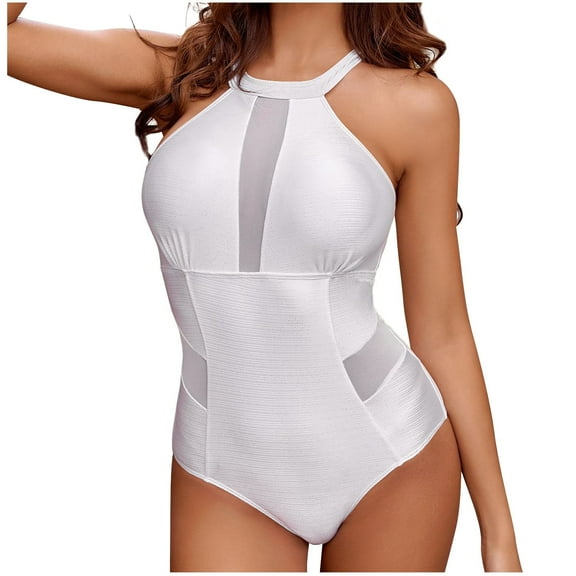 WREESH Womens One Piece Swimsuits Solid Color Mesh Patchwork Swimsuit Sleeveless Bathing Suits White