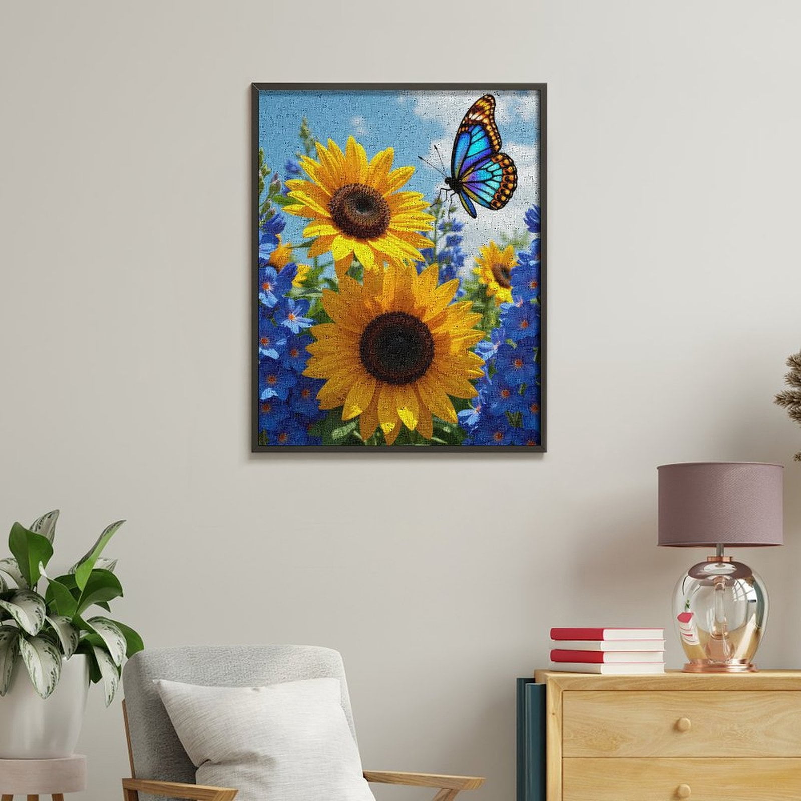 Paint By Numbers Kit for Adults Beginner - Sunflowers Blue Flowers Butterfly DIY Canvas Painting Kits for Adults, Frameless Paint By Number for Adults for Home Wall Decor 16x20 Inch