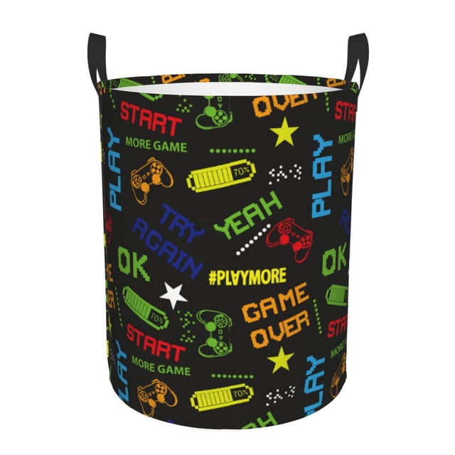 Balery Pixel Game Cesta de ropa redonda con asas, impermeable, independiente, para ropa, juguetes, dormitorio y familia-Small