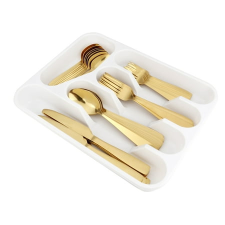 - Moxinox 40-Piece Gold Silverware Set with Cutlery Tray Organizer, Stainless Steel Kitchen Utensils Service for 8, Include Dinner Knife,Dinner Forks,Dinner Spoons,Salad Forks,Teaspoons, Dishwasher Safe