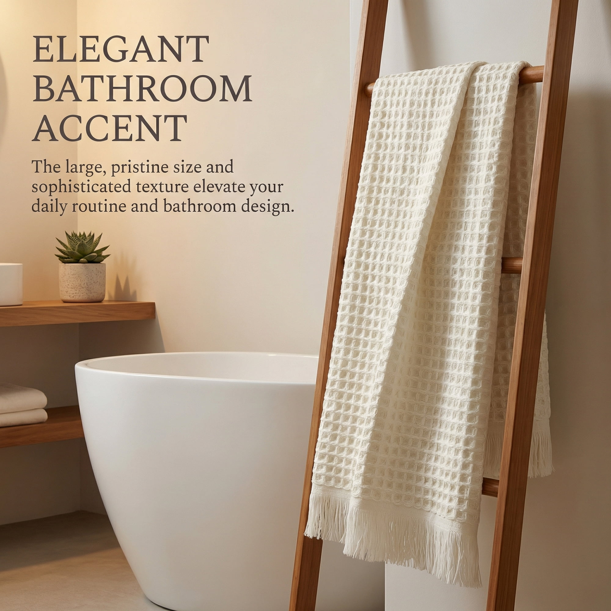 Unique Bargains Highly Absorbent Cotton Waffle Bath Towel with Tassel Beige 71" x 35"