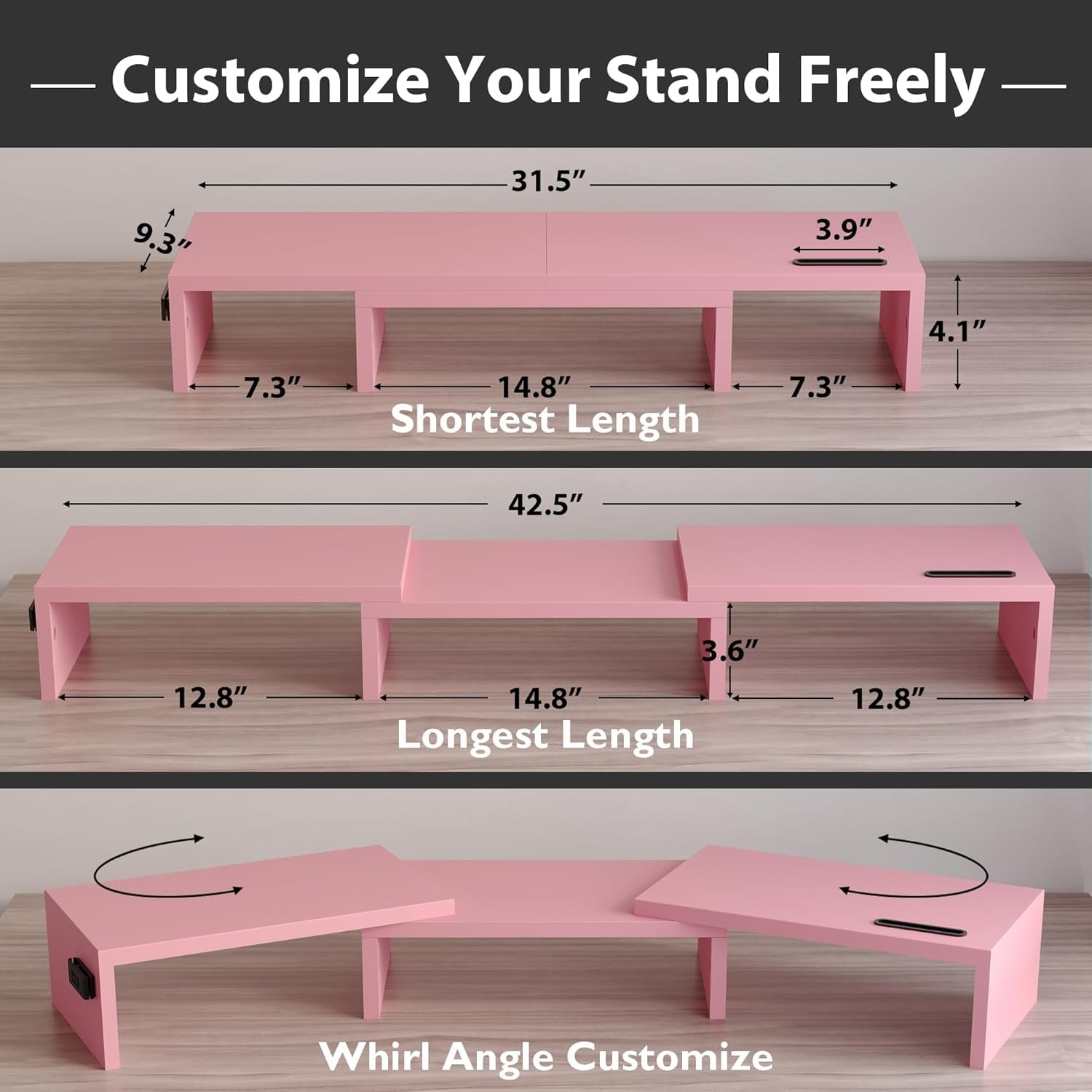 Dual Monitor Stand Riser with Smartphone Holder, Adjustable Length & Swivel Angle, Ergonomic Wooden Desktop Organizer for PC Monitor, Laptop, Printer, Large Storage, Pink