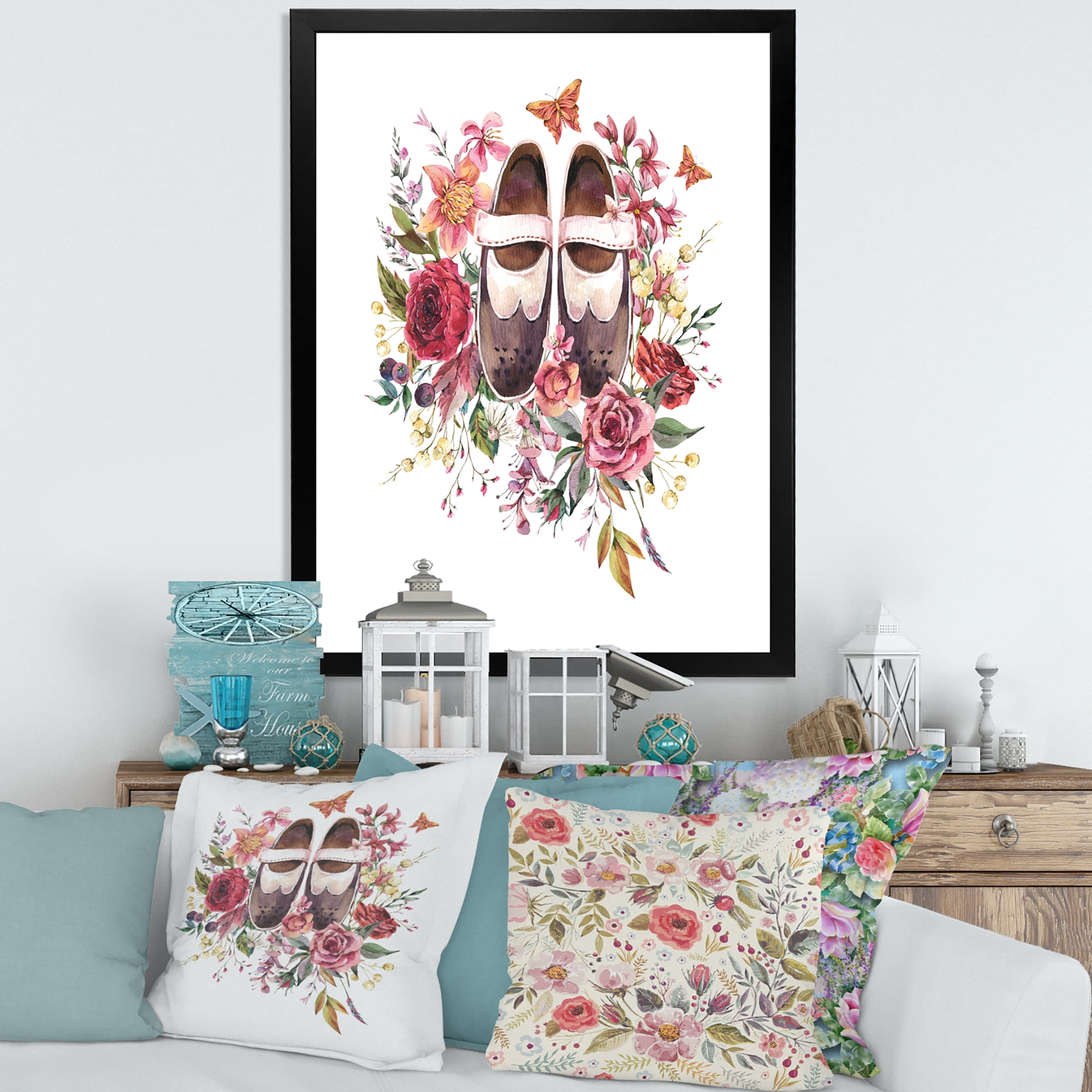 Designart 'Wildflowers With Ancient Oxford Shoes' Farmhouse Framed Art Print