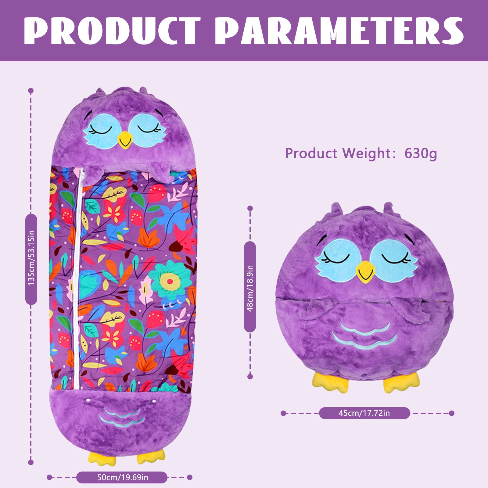 Kids Owl Sleeping Bag with Pillow - 2-in-1 Foldable, All Seasons, Soft & Warm (54"x20")