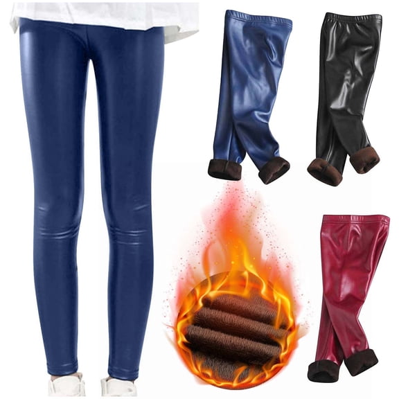 Jinhomg Faux Leather Leggings for Girls Winter Warm Comfy Fleece Lined Pants Casual Solid Elastic Waist Tights Seasonal Sale Black 3-4 Years