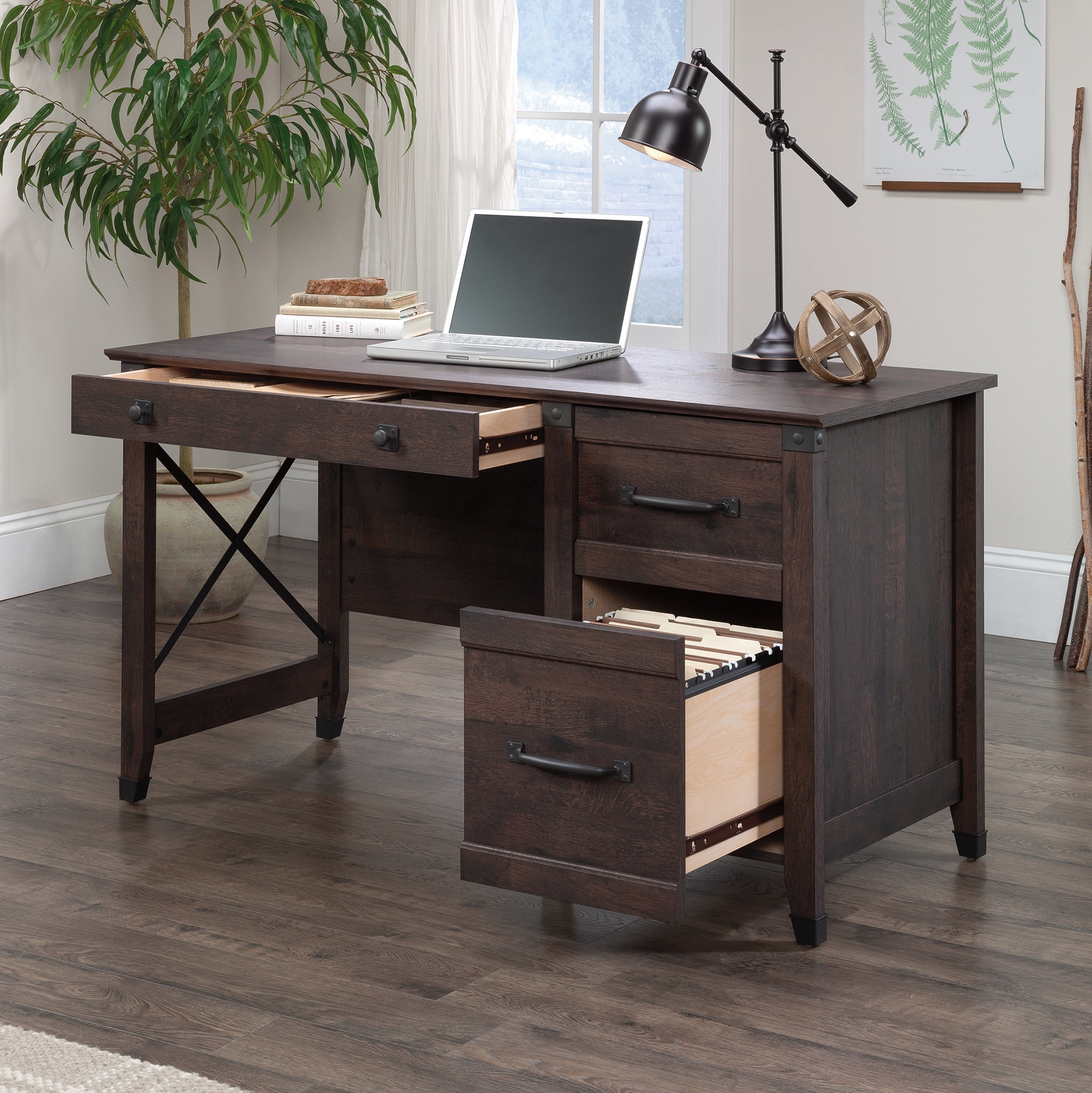 Sauder Carson Forge Single Pedestal Desk with Drawers Coffee Oak Sauder Carson Forge Single Pedestal Desk with Drawers Coffee Oak