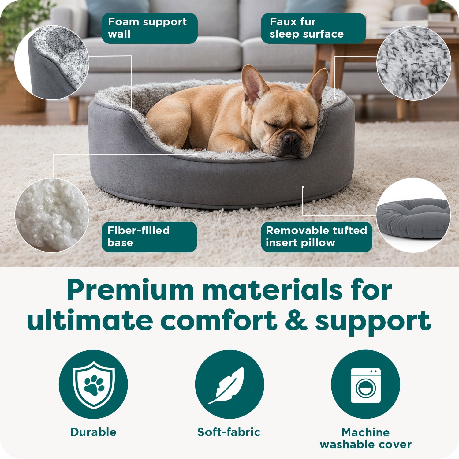 FurHaven Pet Products | Two-Tone Fur & Suede Oval Pet Bed for Dogs & Cats - Medium, Gray
