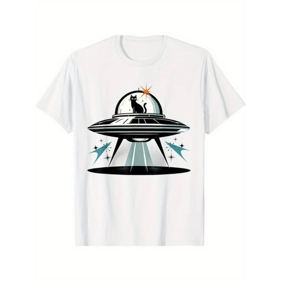 Funny Graphic Tee,Tops Has a pattern of a cat sitting inside a UFO,Round Neck Regular Fit T-shirts, Size(S-5XL)