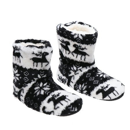 

NUOLUX 1 Pair Christmas Deer Pattern Boots Coral Fleece Printing Sock Cold Protection Warmer Shoes for Home Adults (Black 36-38 Size)