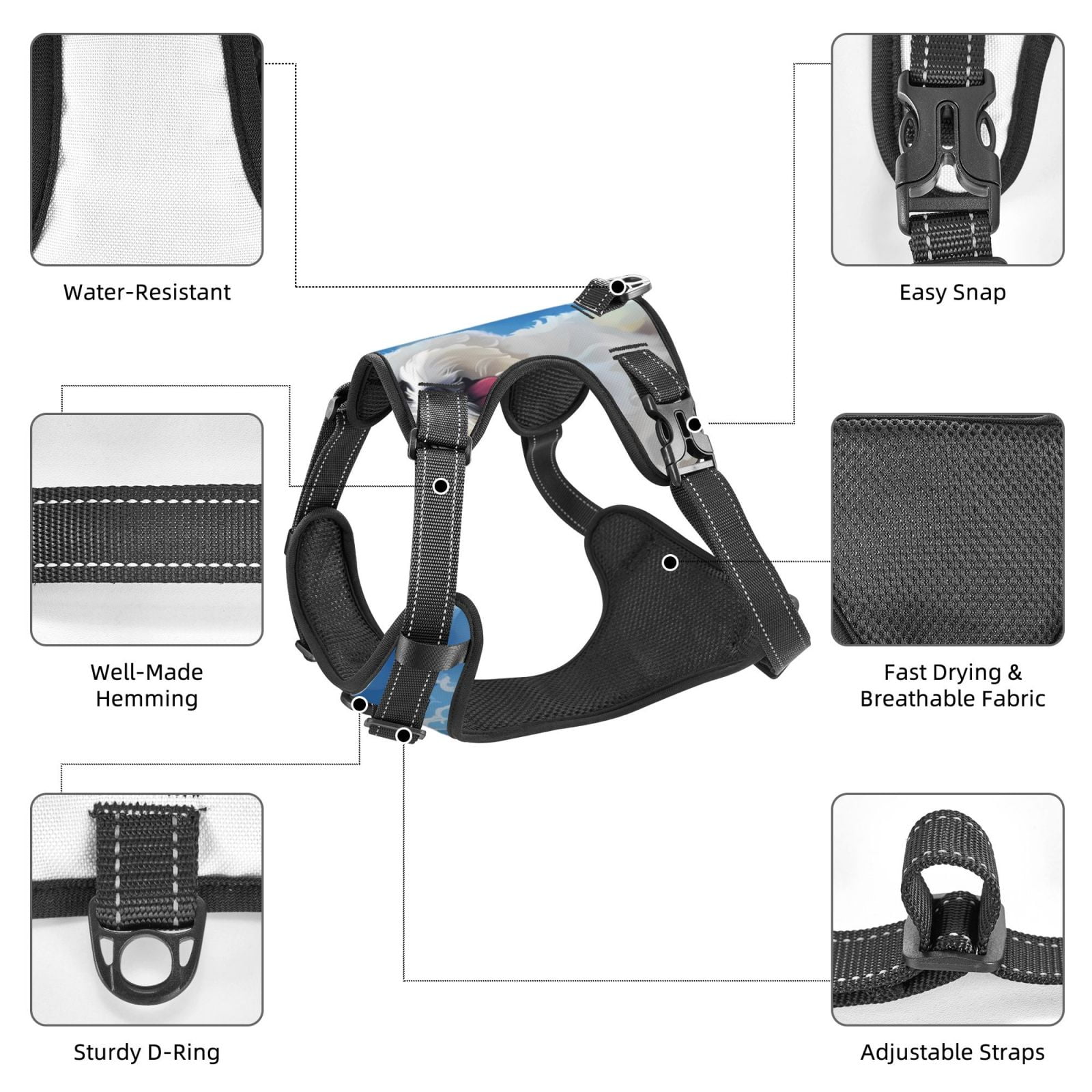 Vsdgher Cute Cloud Bichon Frise Pattern Dog Harness,No Pull Pet Harness with Soft Padded Handle,Adjustable Reflective Vest with 2 Buckles,4 Slide Buckles,S-XL Large