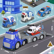 Hot Bee Toddler Police Carrier Truck Toy w/ Lights & Sounds, Mini Police Vehicles, Ambulance, Helicopter, Transport Toy for Boys Ages 3-6, Gift for Kids 3+