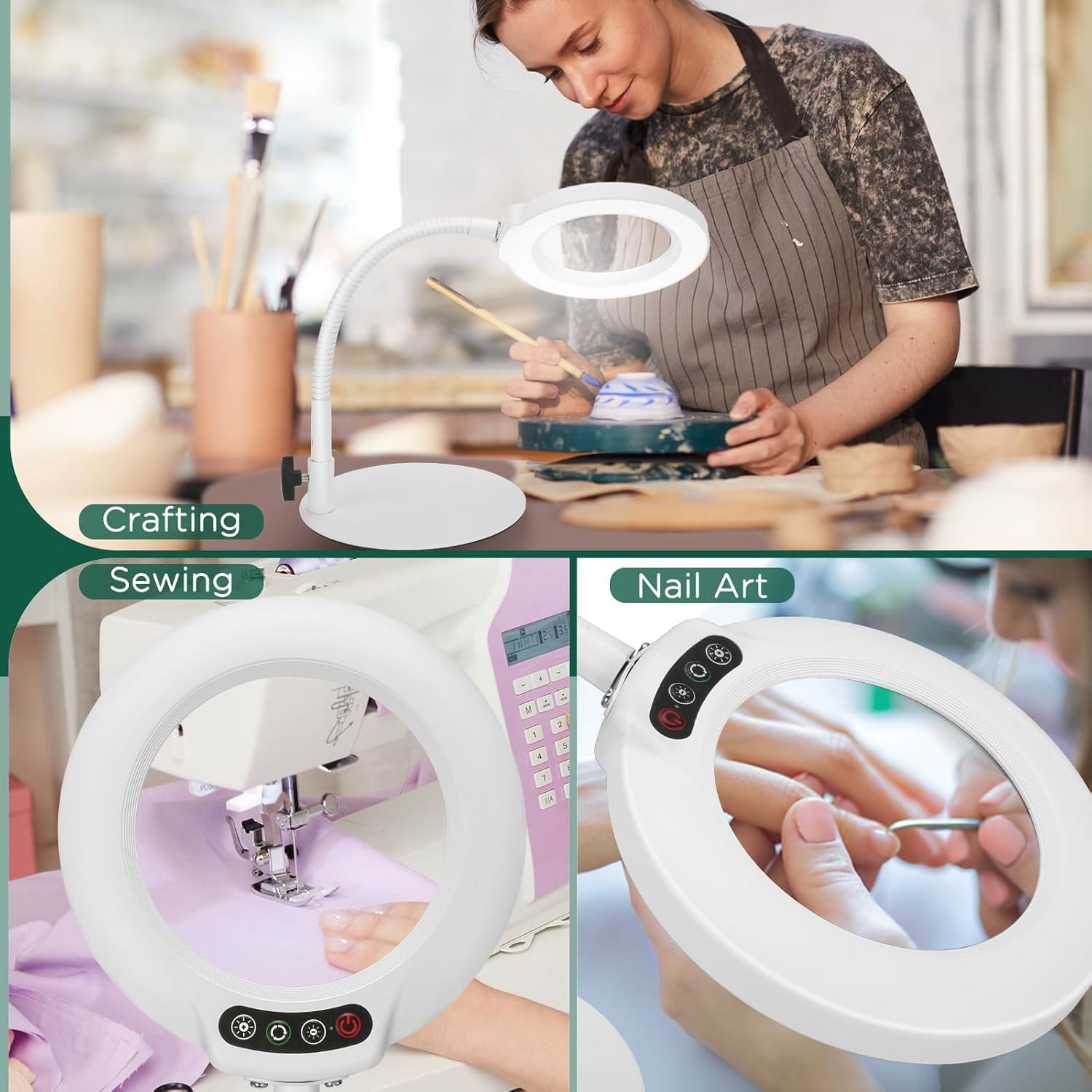 Veemagni Magnifying Glass with Light and Stand, 5 Color Modes Stepless Dimmable LED Lighted Desk Lamp, Hands Free Flexible Gooseneck Magnifier with Light for Craft Hobby Painting Close Work - White