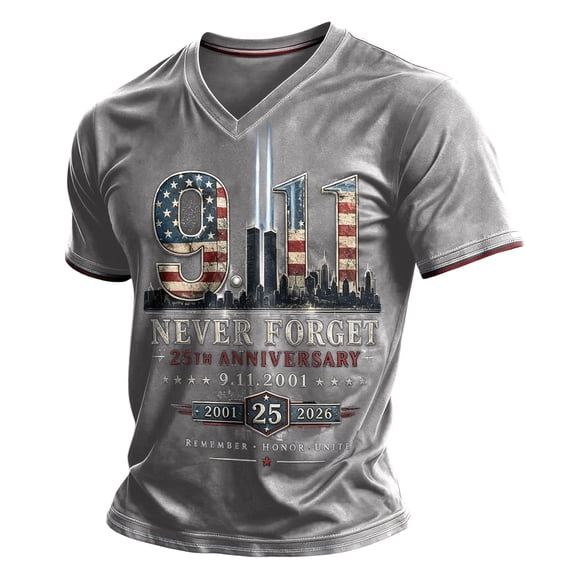 Men's 911 25 Year Anniversary Printed Vintage 9 11 Memorial Shirt Short Sleeve Vneck Patriotic Hope Courage Never Forget 911 T Shirt