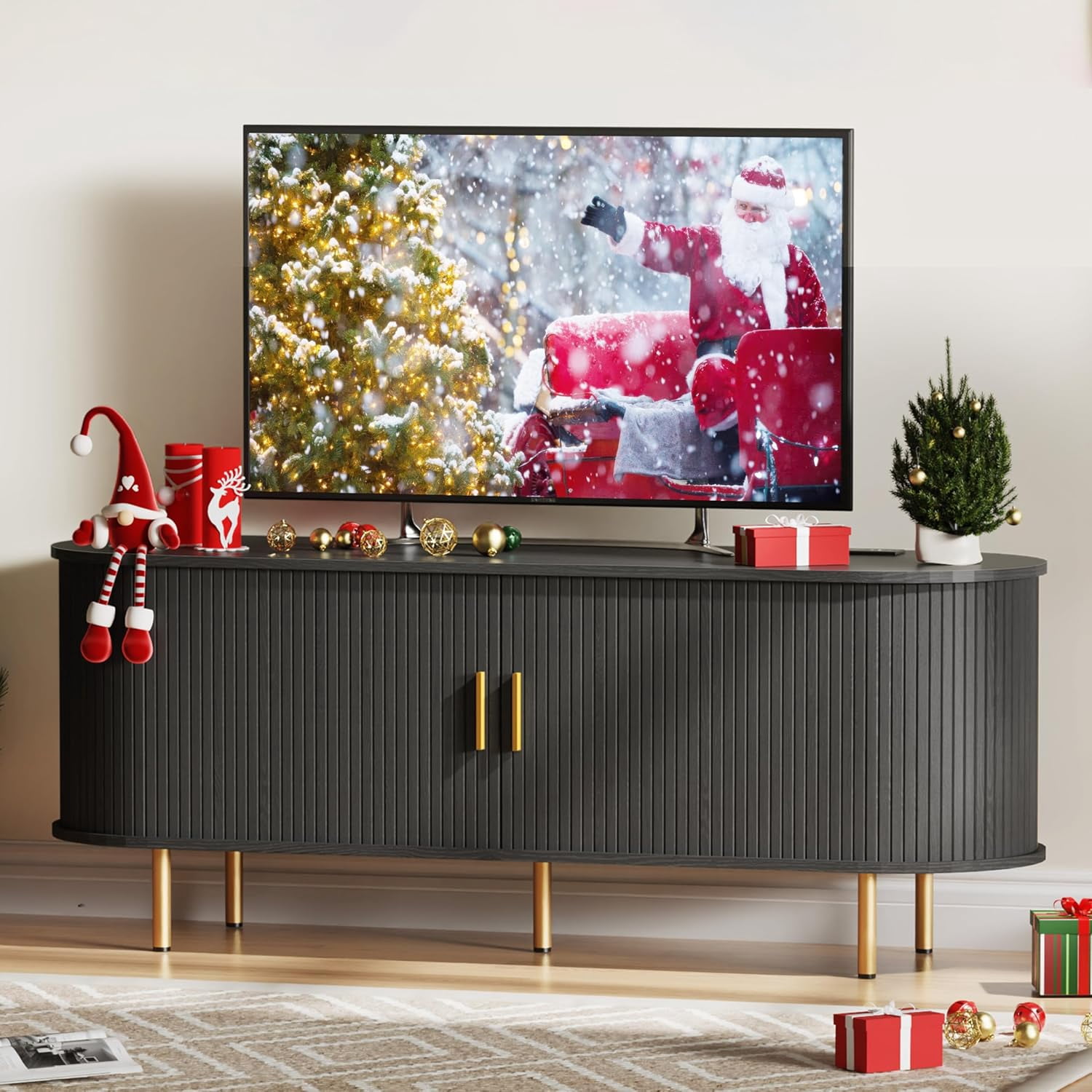 Mid Century Modern TV Stand with Power Outlet for TVs up to 60 Inch, Entertainment Center with Storage and Adjustable Shelves, Media Console with Sliding Doors for Living Room Bedroom (Black)