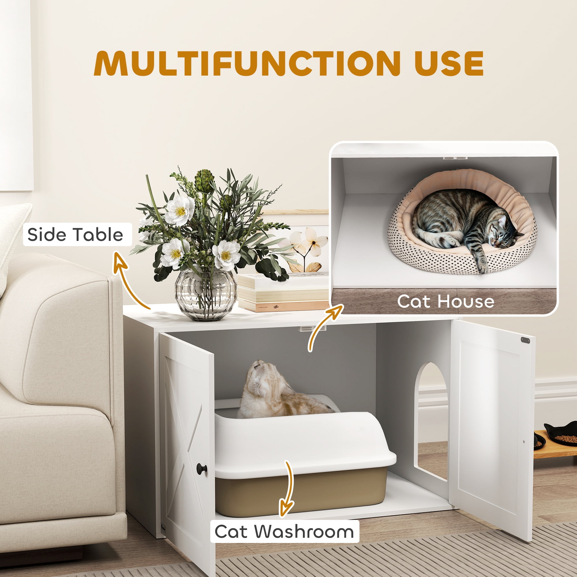 PawHut Cat Litter Box Enclosure, Hidden Litter Box Furniture with Barn Door, Cat Hole, End Side Table, 31.5" x 21" x 20", White