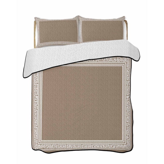 Quilts Full Size, Brown Geometric Soft Comforter Bedding Set for Bed, White Greek Key Design Abstract Modern Art Lightweight Quilted Bedspread with Pillow Cover(2 Pieces) for All Season, 78x90 Inch