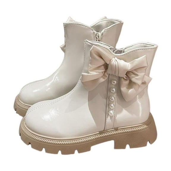NAISIBABY Girls Ankle Boots, Non-Slip Thick Sole Zipper Princess Bow Pearls Winter Fashion Dress Shoes White 10(Little Kids)