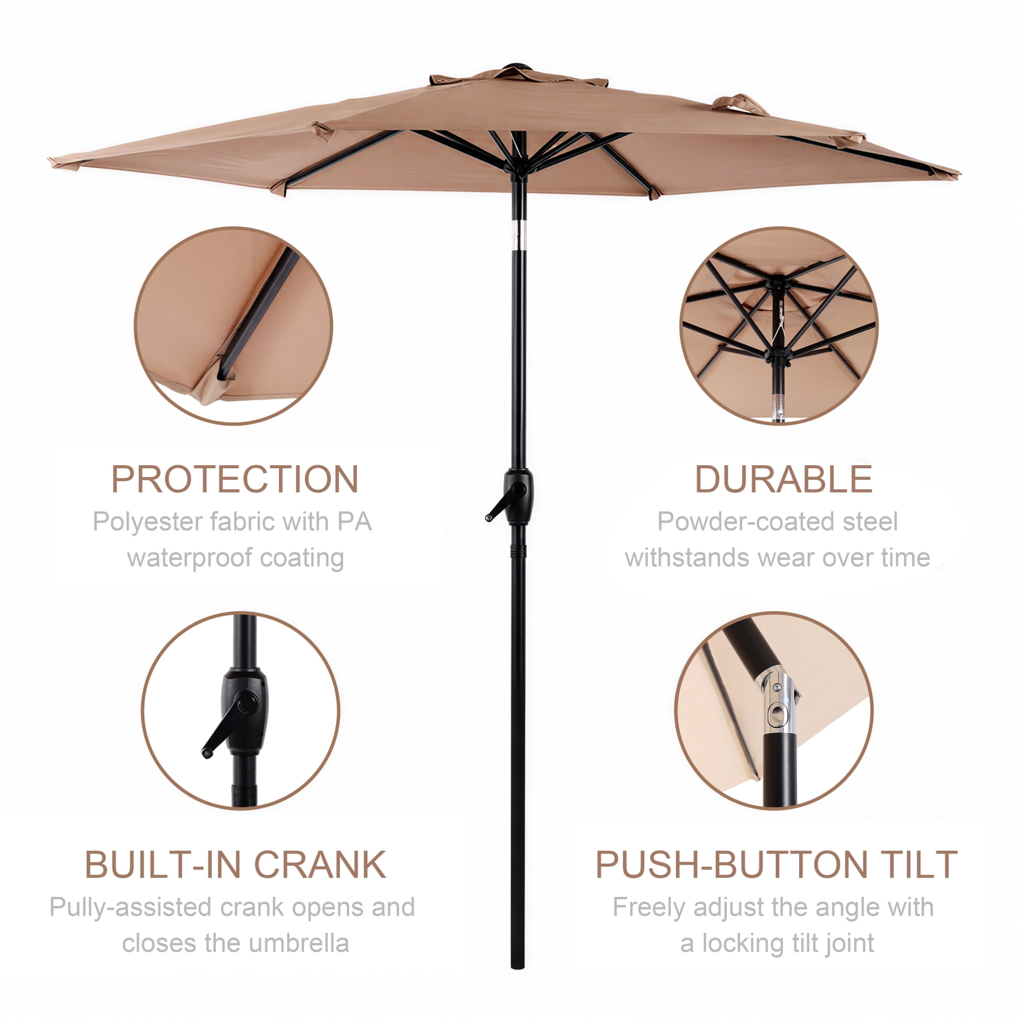 Leumius 10FT Patio Umbrella,Outdoor Market Yard Umbrella, Sun Shade Umbrella with Push Button Tilt and Crank Mechanism for Garden, Deck, Pool and Backyard, Not Include Umbrella Base,Brown
