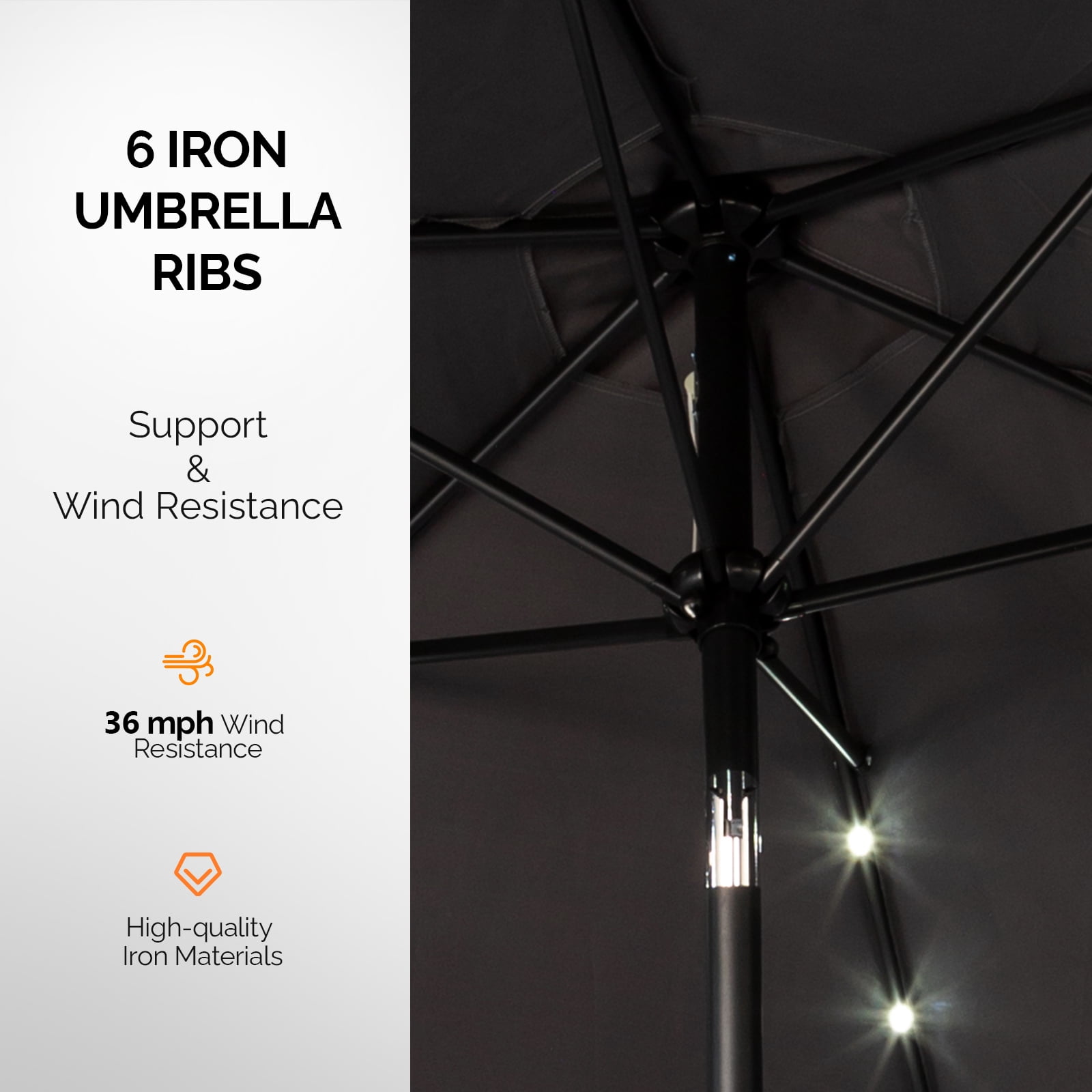 9ft Solar Patio Umbrella with LED Lights, UPF 50+ Waterproof Solution-Dyed Polyester Canopy, 6 Iron Ribs, Push Button Tilt & Crank Lift, Wind Resistant for Patio Garden Poolside
