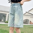 thumbnail image 2 of ZHANGDER Kids Denim Shorts Cute Trendy Fashion High Waist Straight Leg Clothes Jorts Drawstring Shorty Shorts for Teen Girls, Blue 6-7 Years, 2 of 5