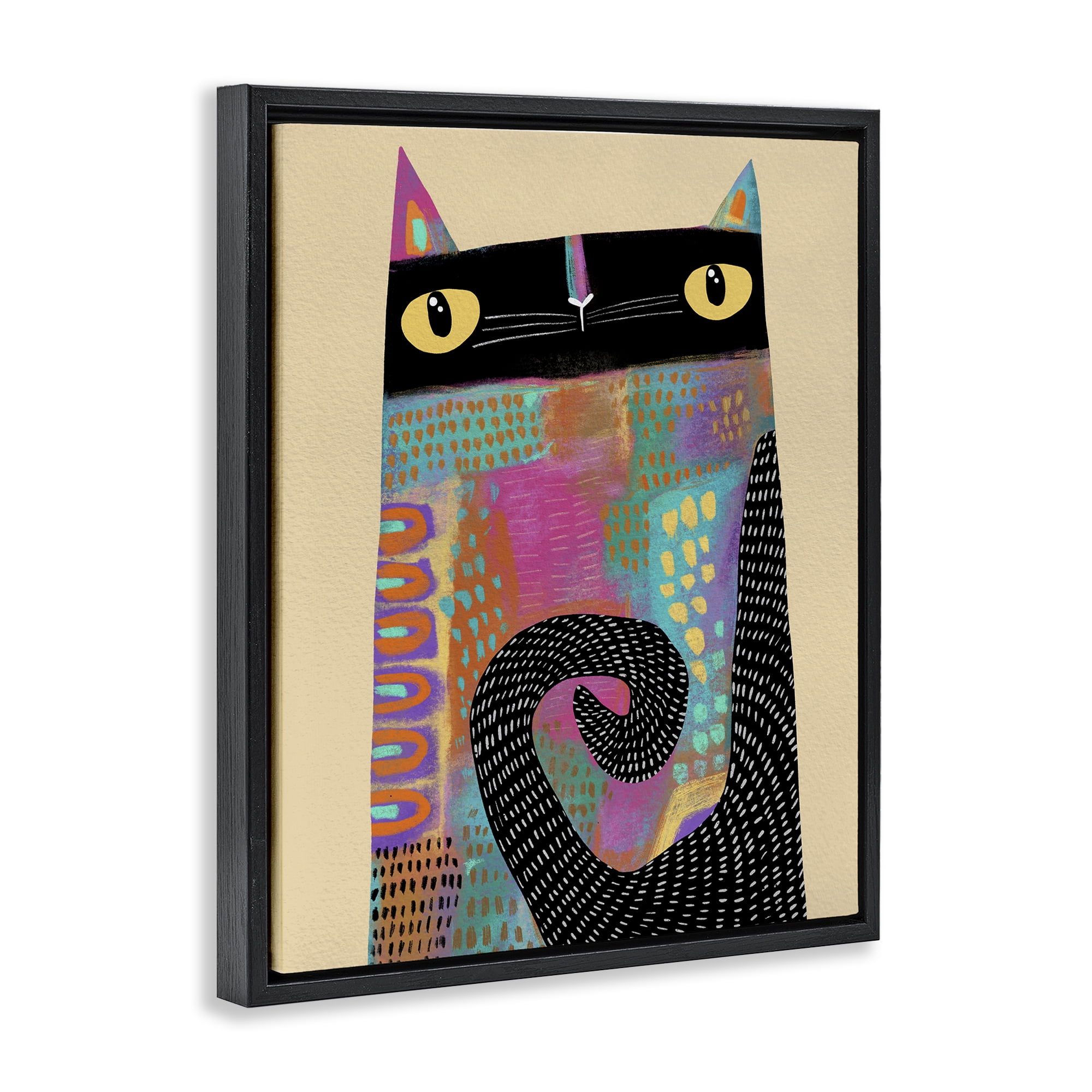 Stupell Industries Stylized Colorful Cat Black Framed Floater Canvas Wall Art, design by Gabriela Avila