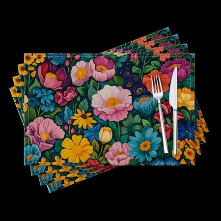 

BaHomeck placemats Set of 4 Vibrant And Colorful Pattern Of Various Flowers Cotton Linen rectangle Placemats for Kitchen Dining Table Indoor Outdoor 18*12inch