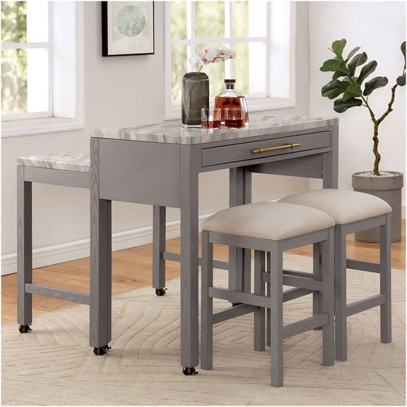 Farmhouse Kitchen Island Set with Extendable Faux Marble Table & 2 Stools, Light Gray