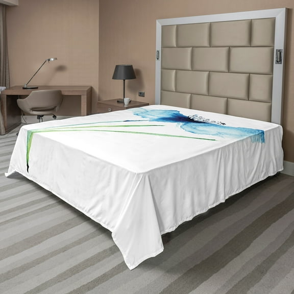 Ambesonne Floral Flat Sheet, Cornflower Botany, Queen Size, Navy Blue White Green