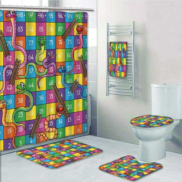 EREHome Board Game Cute Snakes Smiling Faces Numbers in Squares Ladders Childrens Kids Play 5 Piece Bathroom Set Shower Curtain Bath Towel Bath Rug Contour Mat and Toilet Lid Cover