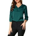 thumbnail image 5 of INSPIRE CHIC Women's Satin Blouse Casual Solid Long Sleeve V Neck Top Shirts M Blue Green, 5 of 7